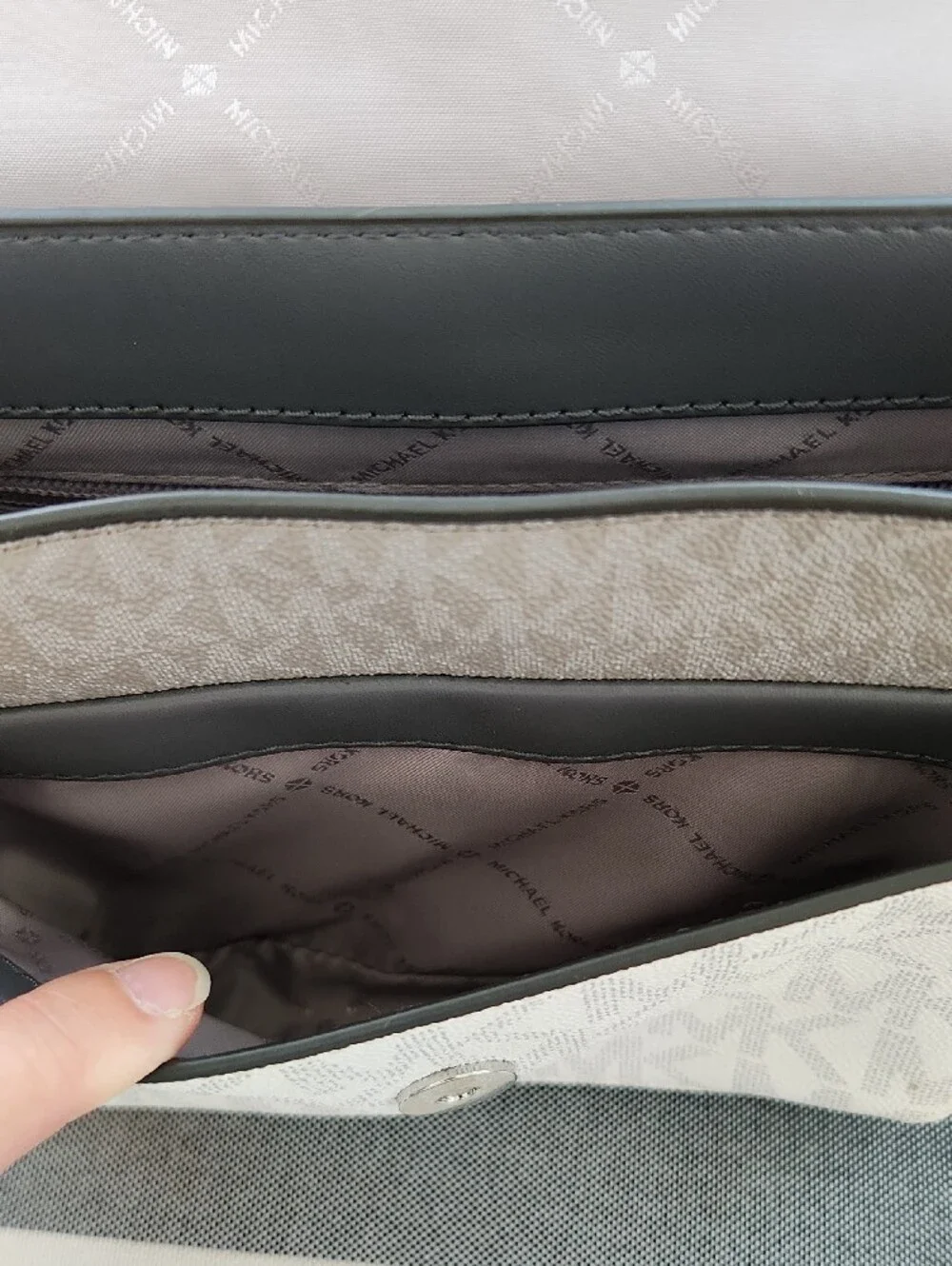 Michael Kors Two-Tone MK Flap Messenger Bag in Beige and Cream